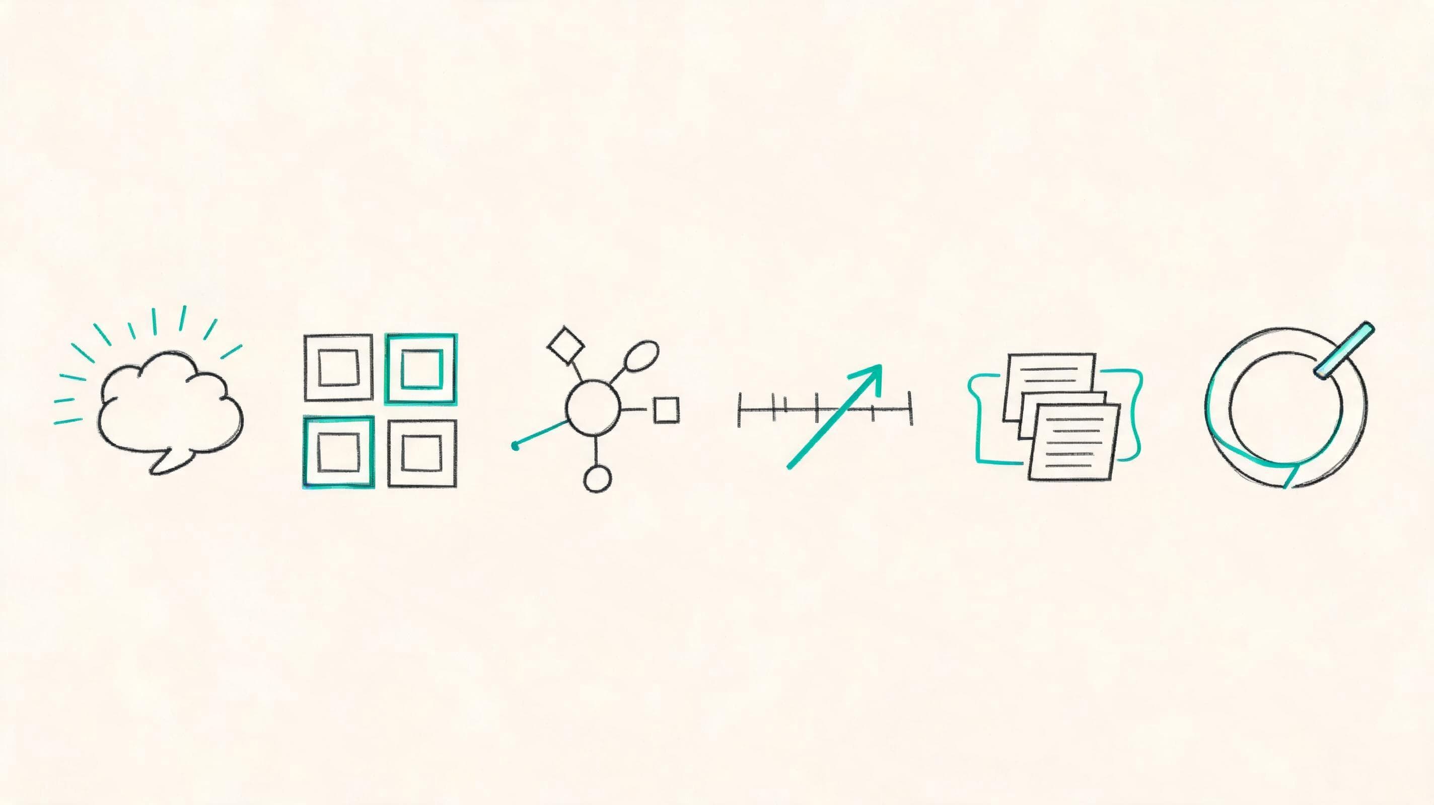Charcoal and teal illustration of a linear 6-step workflow for building a generative AI character motivation map