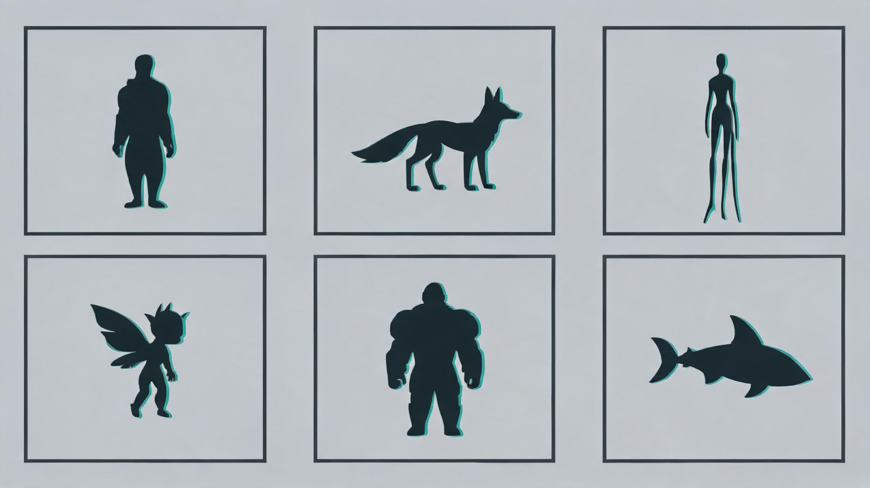 Charcoal and teal illustration of an organized grid of isolated, uncluttered character reference frames following generative AI platform guidelines