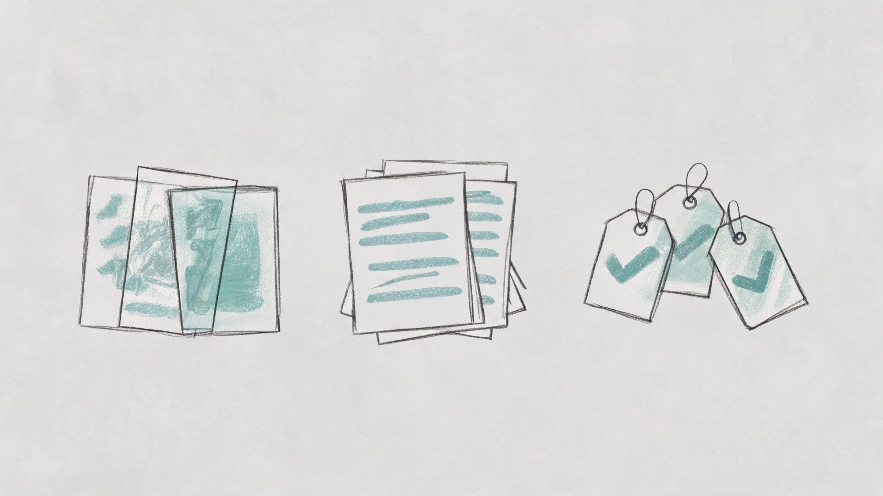 Charcoal and teal illustration showing three sets of abstract icons representing required documentation elements for Runway, Gemini, and OpenAI generative AI projects
